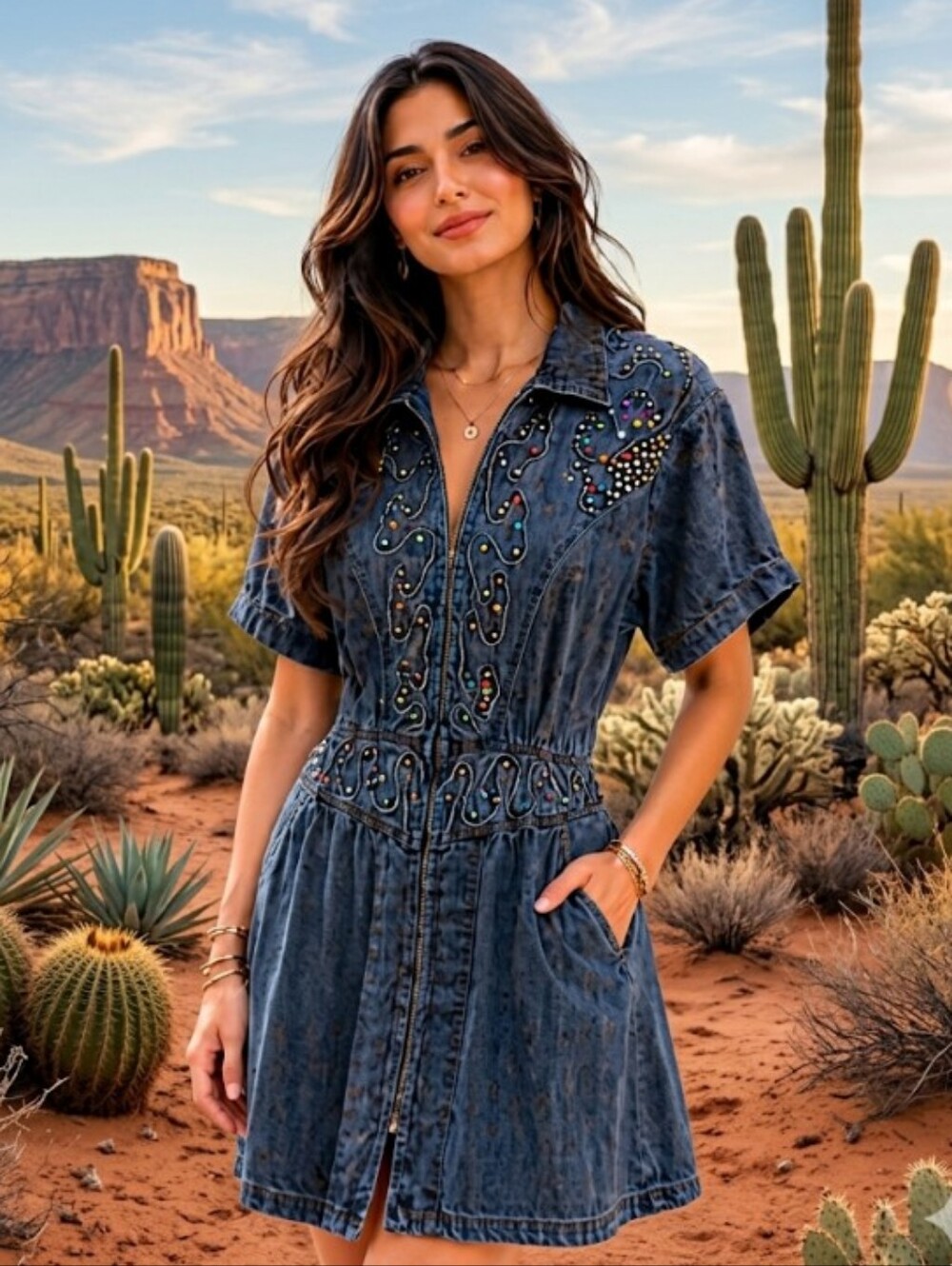 Andiamo Italia Embellished Denim Mini Dress 100% Cotton Studded Western Boho